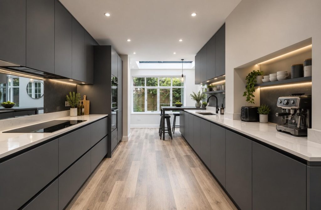 Dark handleless kitchen with island and garden view, Brentwood