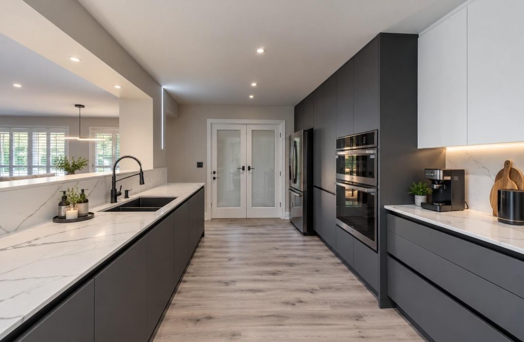 Dark handleless galley kitchen with marble worktops, Romford