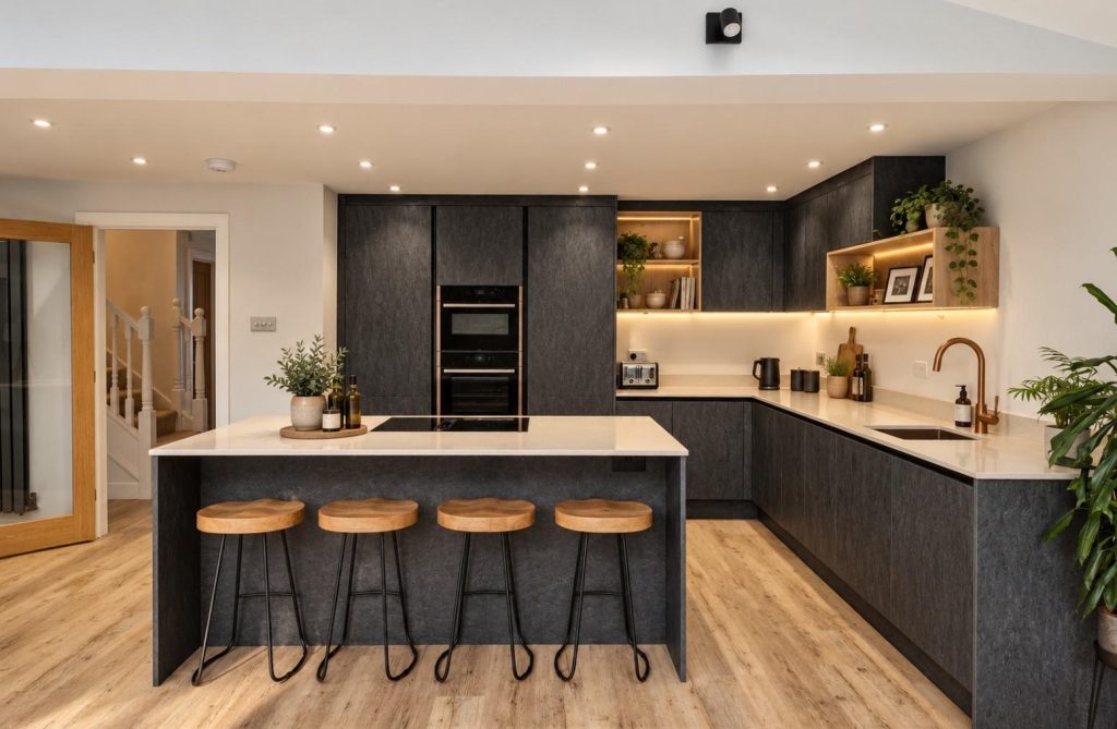 Open-plan kitchen with island and bar stools in a new extension, Shenfield