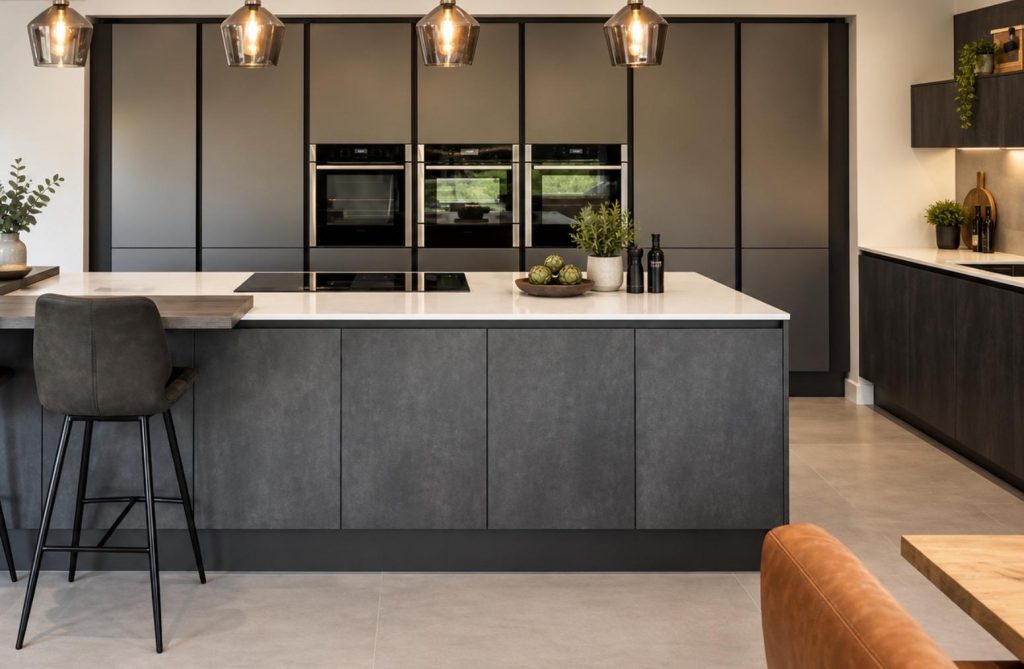 Modern grey slab-door kitchen with island and pendant lights