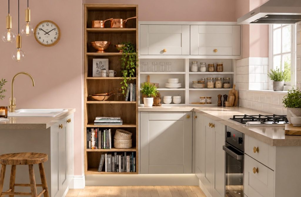 Shaker kitchen with open shelving, copper pans and blush walls
