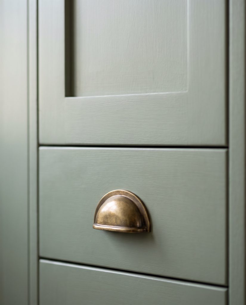 Close-up of a painted Shaker door with a recessed centre panel and a brass cup handle
