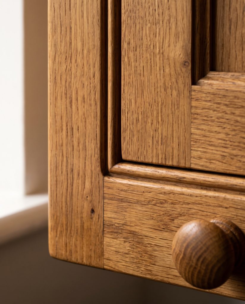 Natural oak in-frame cabinetry with cock beading around the door