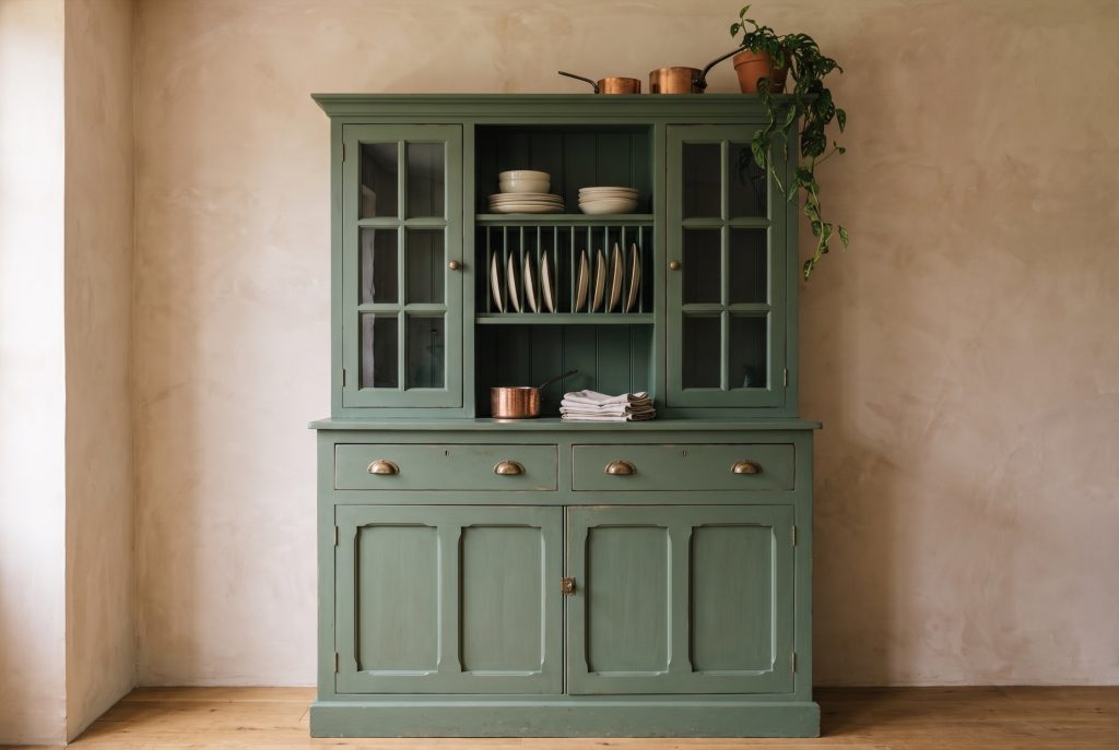 Painted kitchen dresser with glazed doors and open shelving