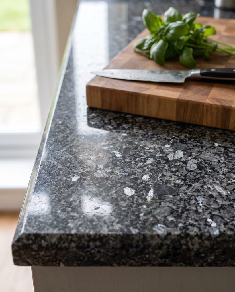Polished black granite worktop showing its natural speckle