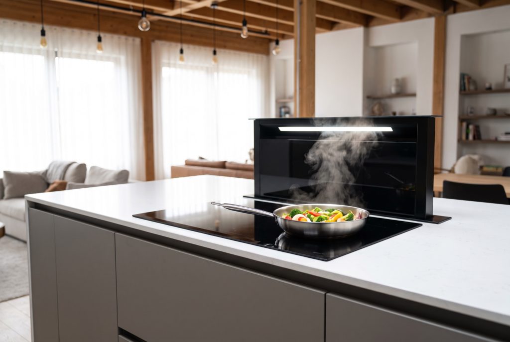 Induction hob with downdraft extraction rising from the worktop