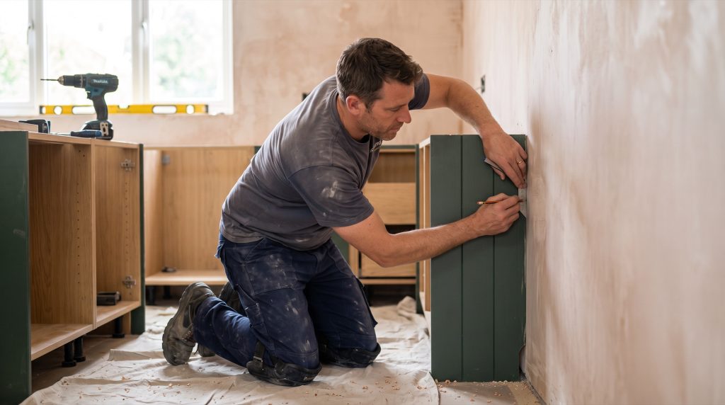 Kitchen fitter levelling and scribing a cabinet to the wall