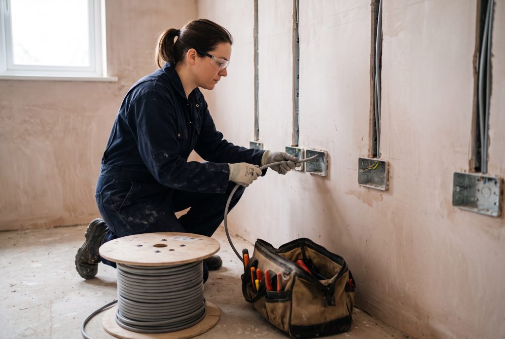 Electrician wiring new kitchen circuits during first fix