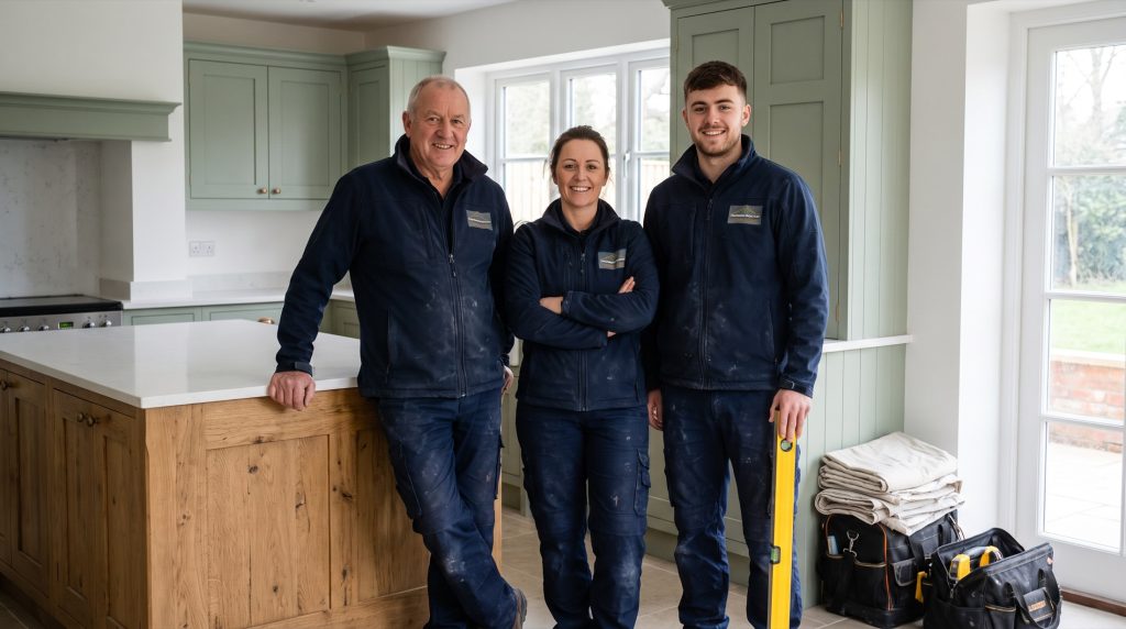 Kitchen installation team in a finished kitchen