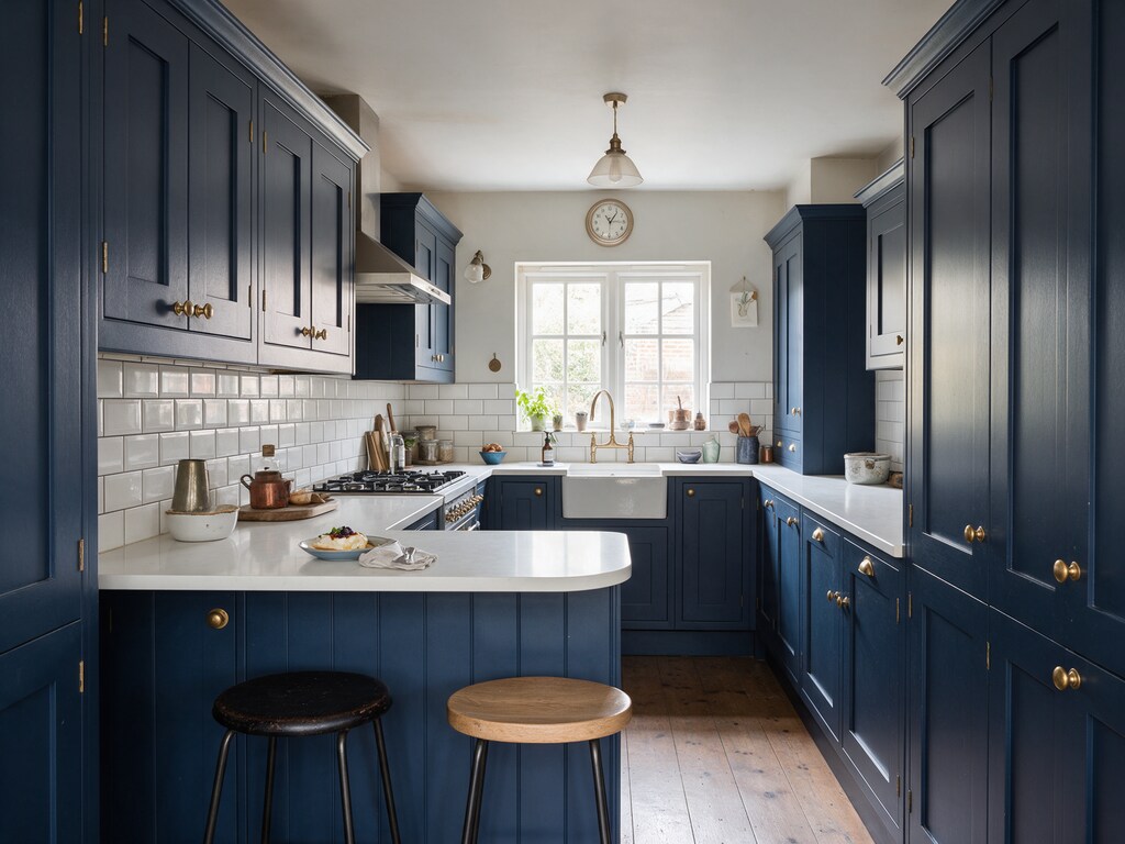 Navy blue Shaker kitchen with white quartz and breakfast peninsula in Upminster